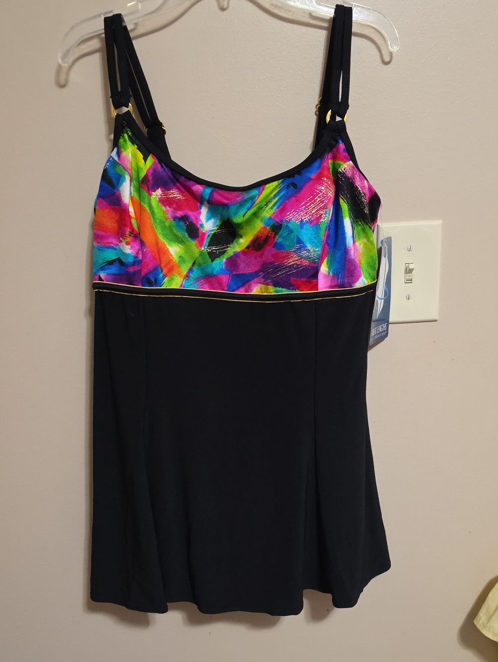 Black Swimdress with Vibrant Multicolor Bust and Gold Piping